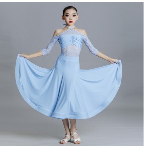 Girls kids children Light Blue Lace Ballroom Dance dresses for children waltz tango junior foxtrot ballroom smooth dance long skirts for girls